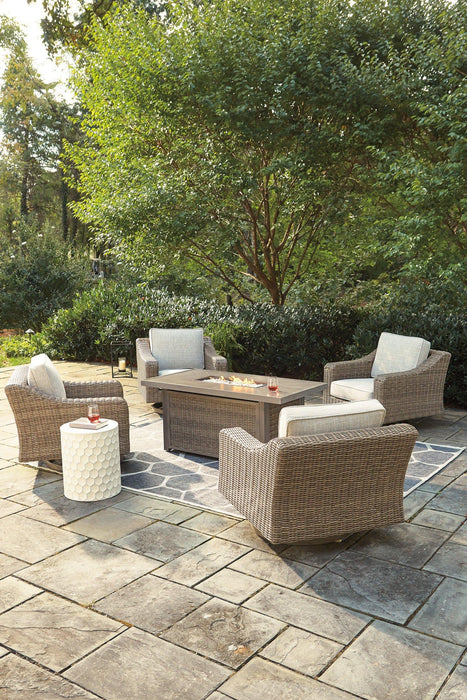 Beachcroft Beachcroft Fire Pit Table with Four Nuvella Swivel Lounge Chairs - Carl's Furniture (Garden City, KS)