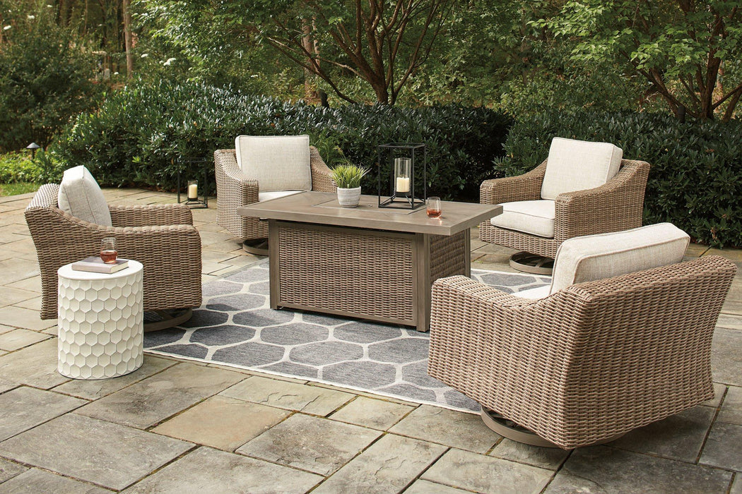 Beachcroft Beachcroft Fire Pit Table with Four Nuvella Swivel Lounge Chairs - Carl's Furniture (Garden City, KS)