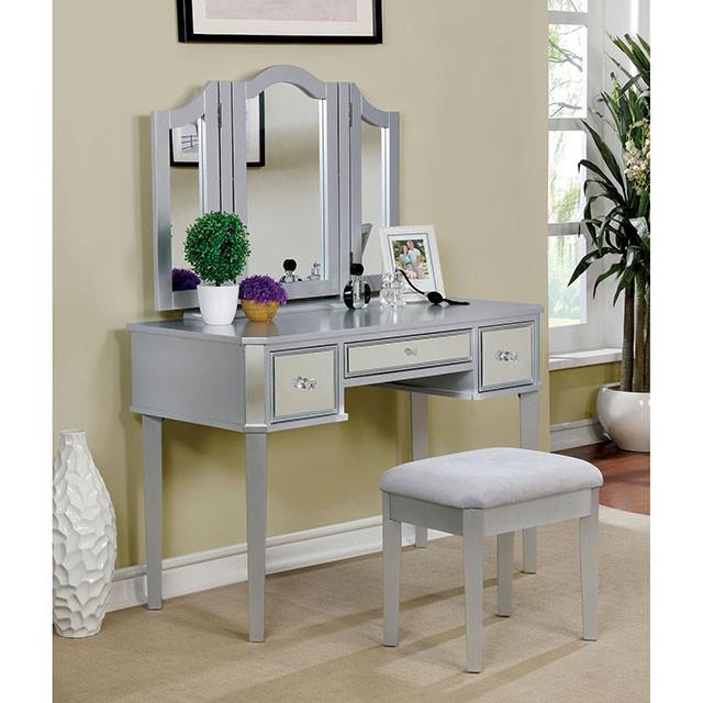 CLARISSE Silver Vanity w/ Stool - Carl's Furniture (Garden City, KS)