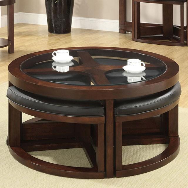 Crystal Cove II Dark Walnut Round Coffee Table w/ 4 Stools - Carl's Furniture (Garden City, KS)