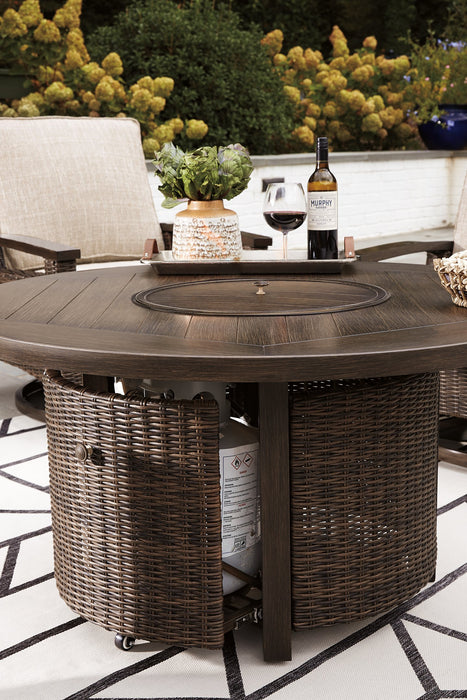 Paradise Trail Paradise Trail Fire Pit Table with 4 Nuvella Swivel Lounge Chairs - Carl's Furniture (Garden City, KS)